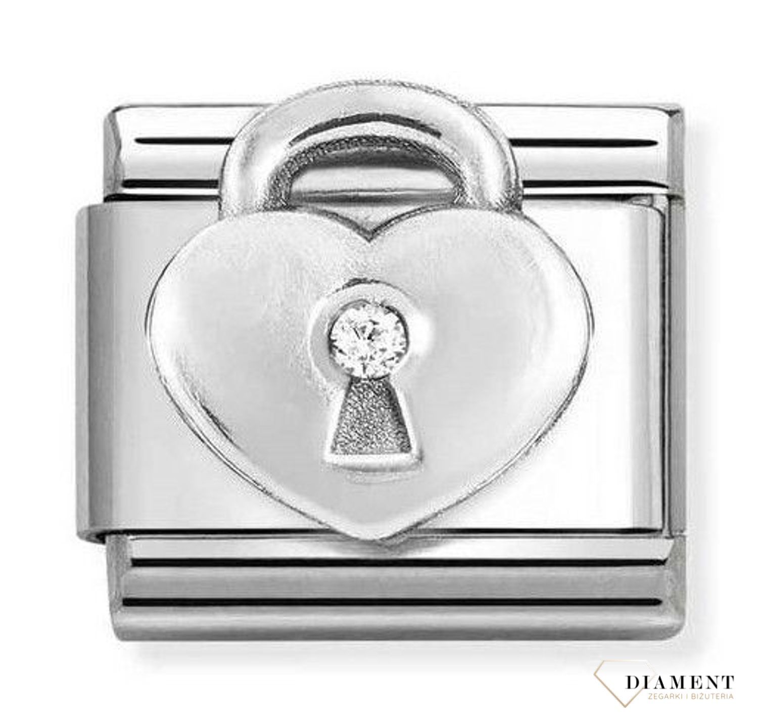 Charms NOMINATION Kłódka serce z cyrkonią 330311 19 to element z najwyższej jakości stali szlachetnej zdobiony motywem kłódki wykonanej se srebra pr. 925 (2).jpg